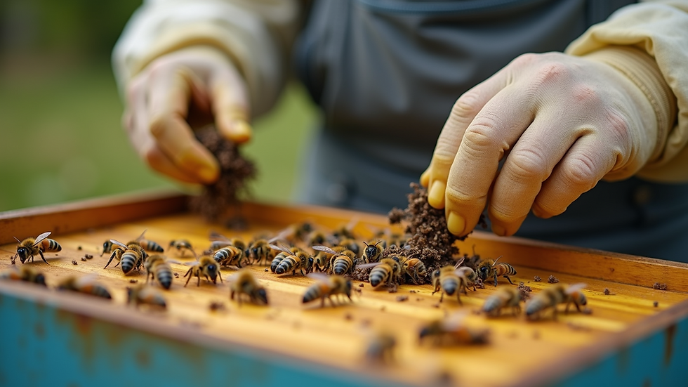 Close-up view of a beekeeper gently transferring bees into a transport box