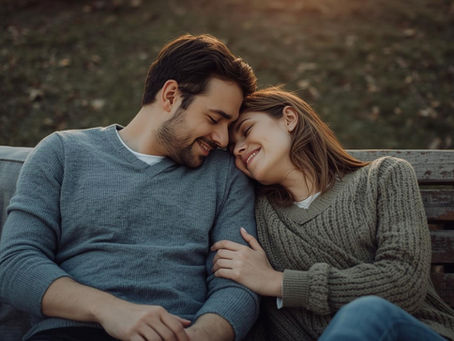 A couple shares a serene moment, exuding trust and contentment in warm light.