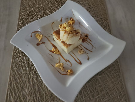 Tres Leches Cake with Popcorn Ice Cream