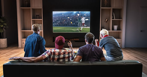 Group of fans are watching a soccer moment on the TV and celebrating a goal, sitting on th