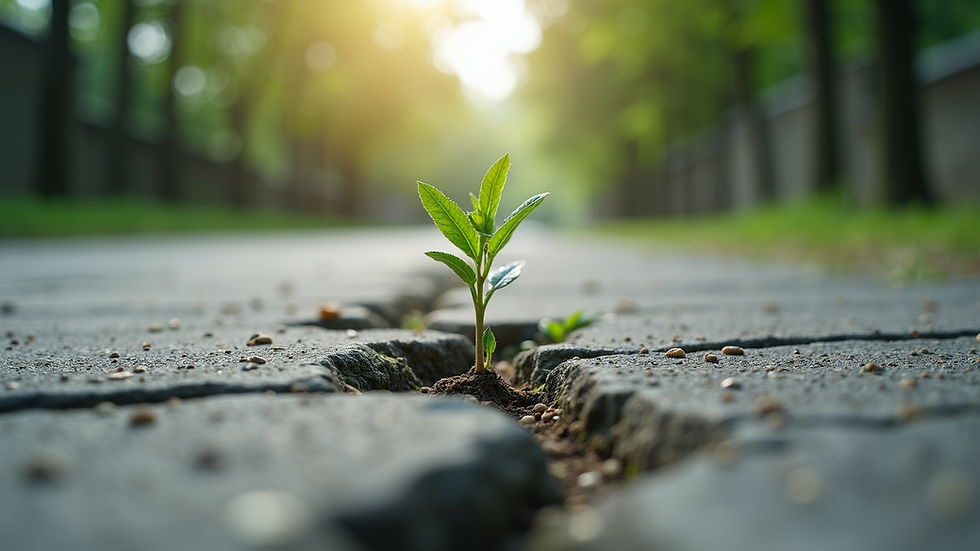 Eye-level view of a small sapling growing through cracked concrete