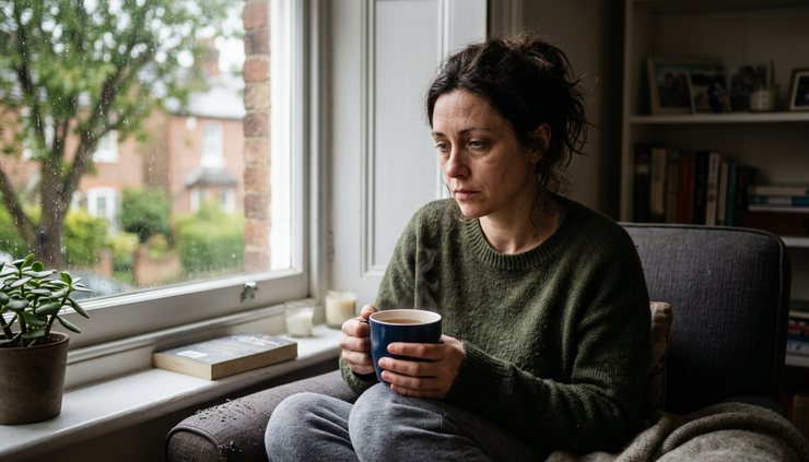 Eye-level view of a tired person sitting quietly by a window with a cup of tea