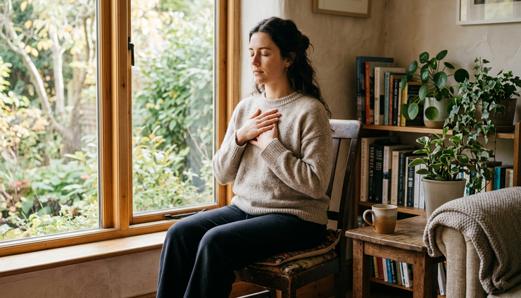 Eye-level view of a person sitting calmly near a window with hands resting on the chest while breathing slowly