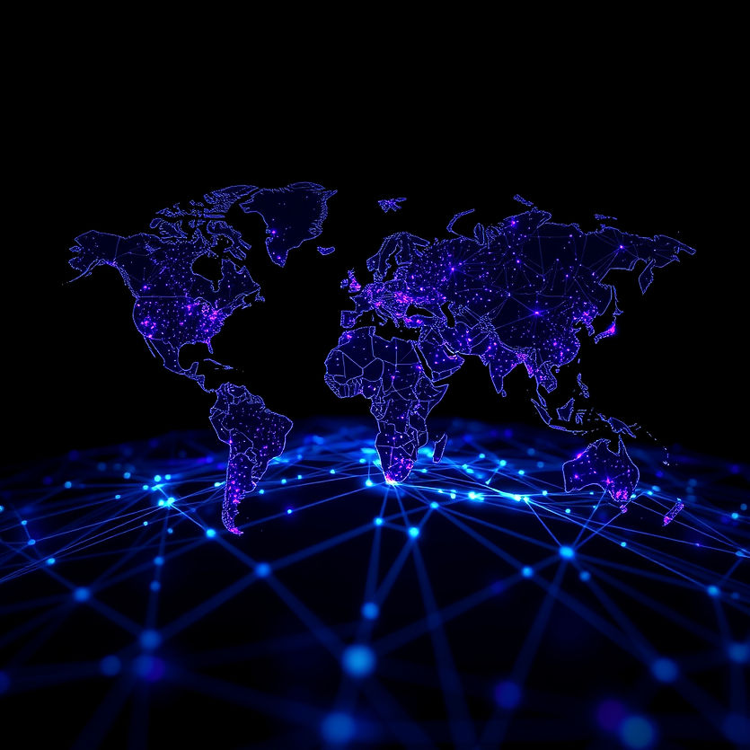 Cybersecurity Dark global network map__Think___black background__glowing network nodes__s