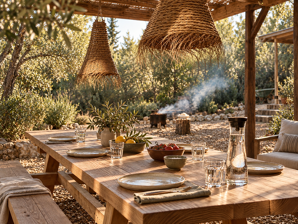 Wooden dining table set in an Ibiza garden with a smoking barbecue, lounge seating, seagrass lights and a bowl of fresh lemons and tomatoes