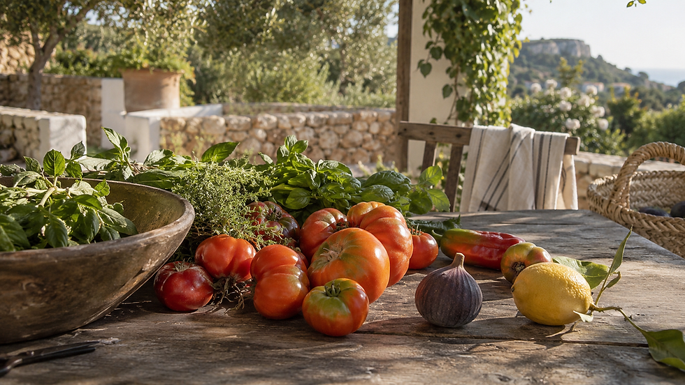 Table with fresh garden produce including tomatoes, herbs, lemon, fig and peppers, set against an Ibiza landscape backdrop