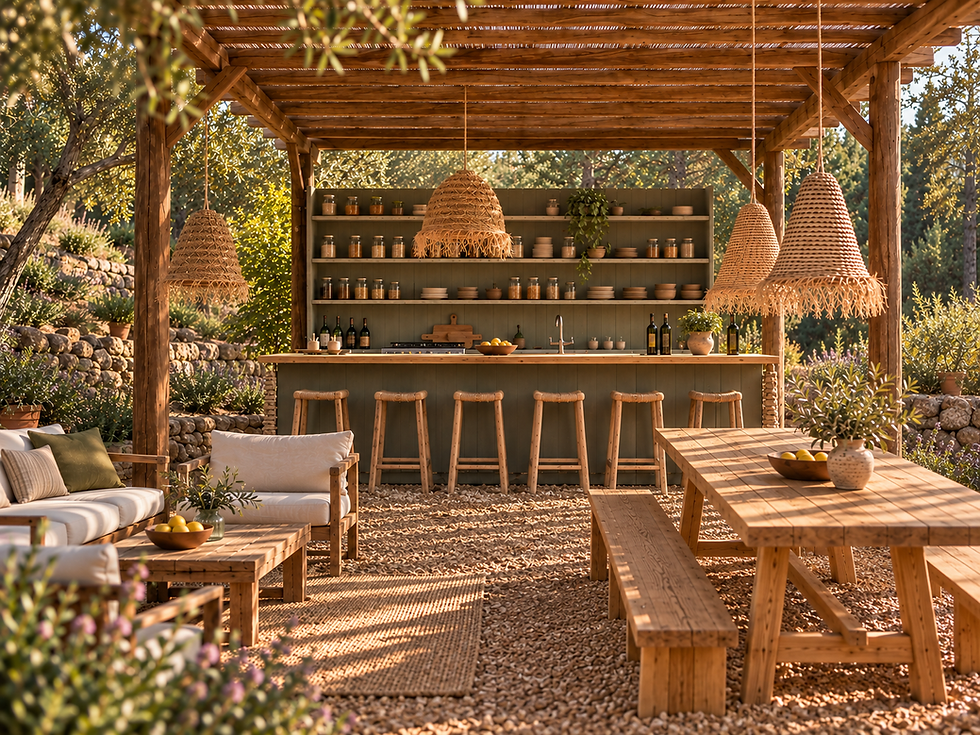 Outdoor kitchen with timber dining and lounge areas, woven seagrass lights and natural planting in an Ibiza garden