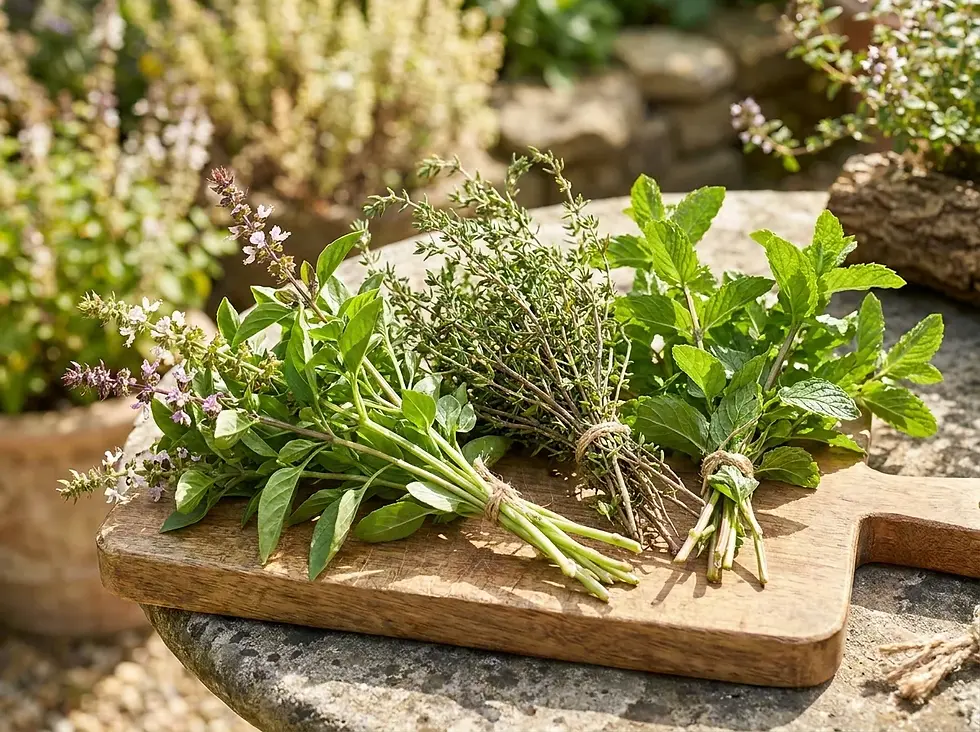 Several bunches of freshly harvested culinary herbs from the garden