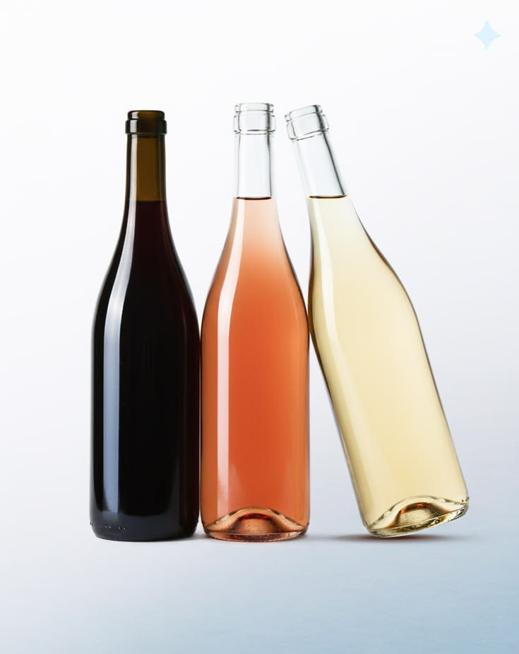 Three unlabeled bottles of natural wine from Ibiza, including white, rosé and red wine