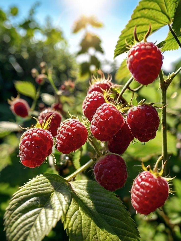 Ripe raspberry growing on the cane, ready to be picked from the garden