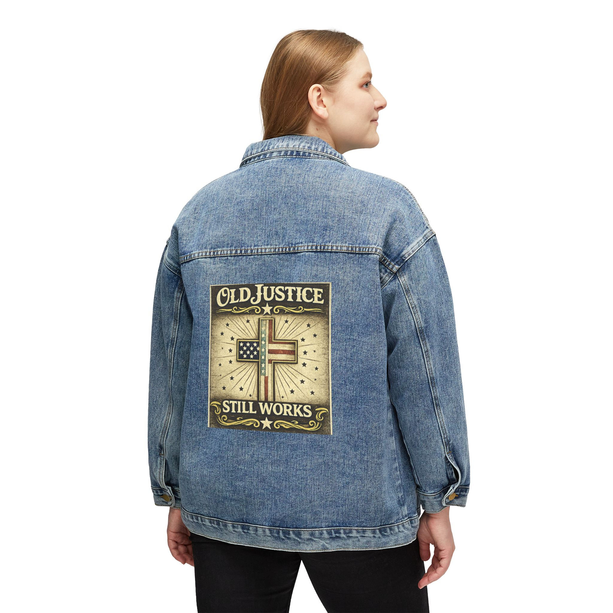 Old Justice Cross and Flag print Denim Jacket | Still Works back patch