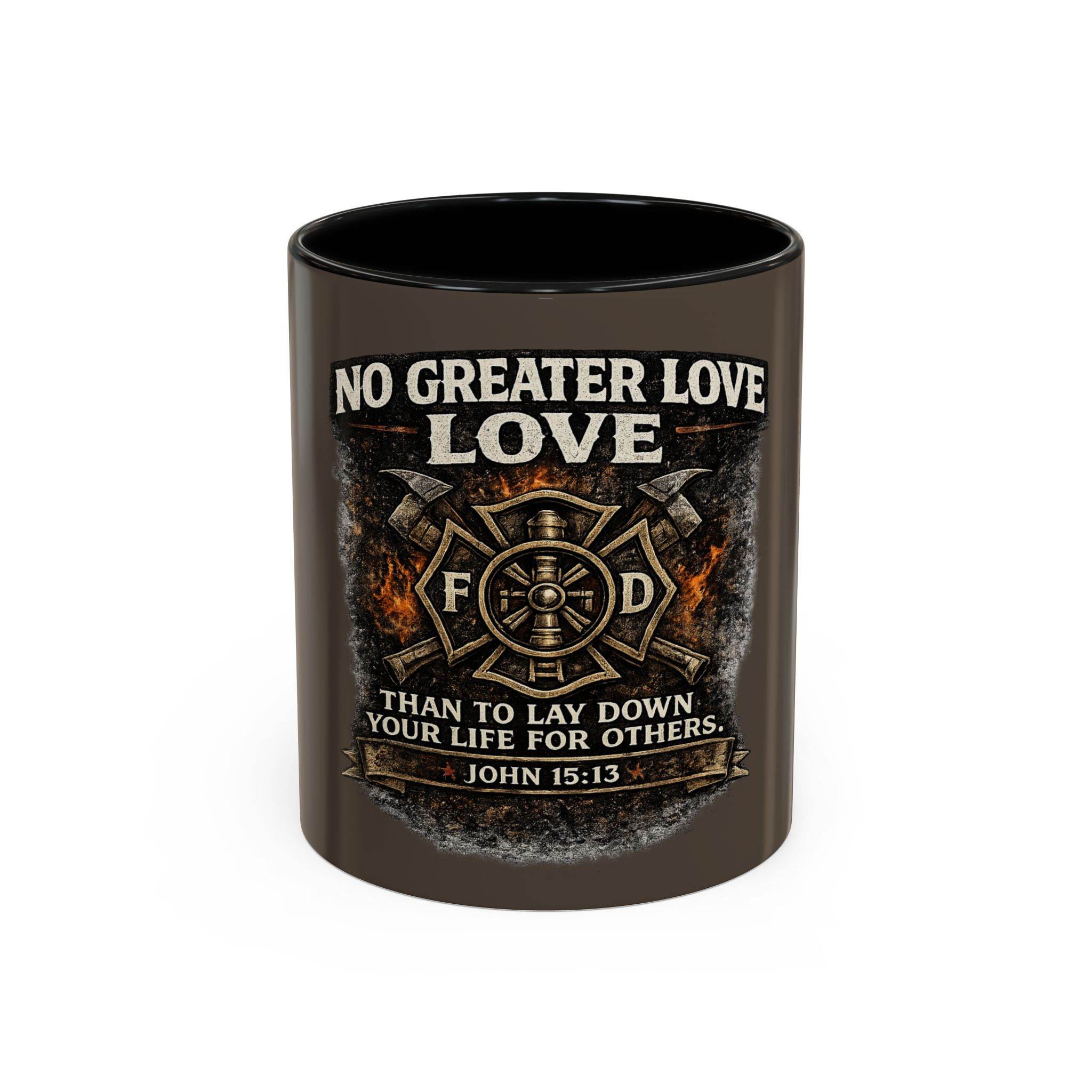 Firefighter Coffee Mug, Maltese Cross Cup | No Greater Love John 15:13 Scripture