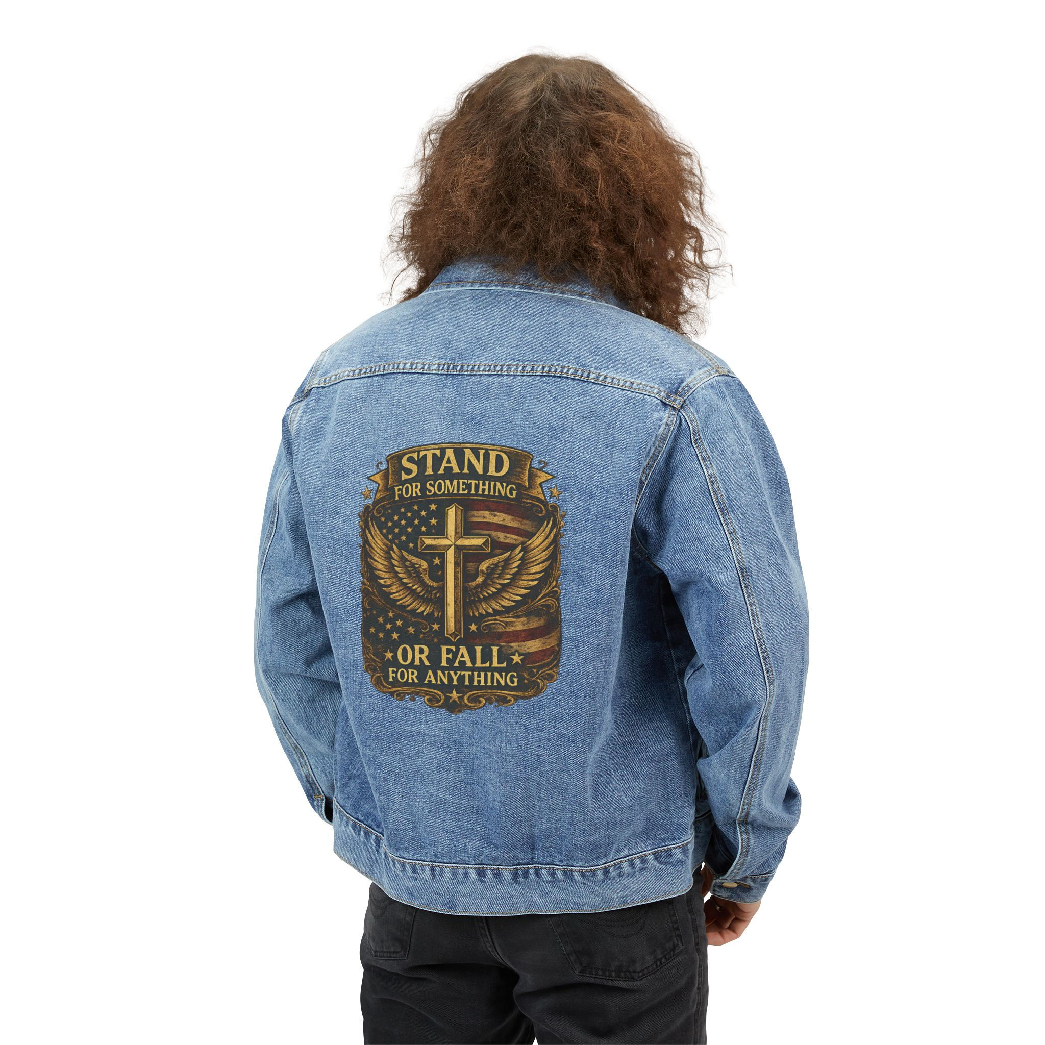 Stand for Something Cross Wings graphic Denim Jacket | Christian faith emblem