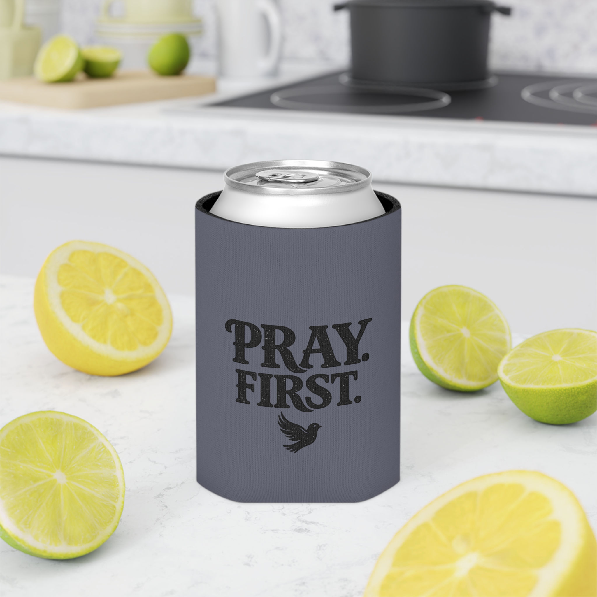 Pray First can cooler | Faith design, dove graphic
