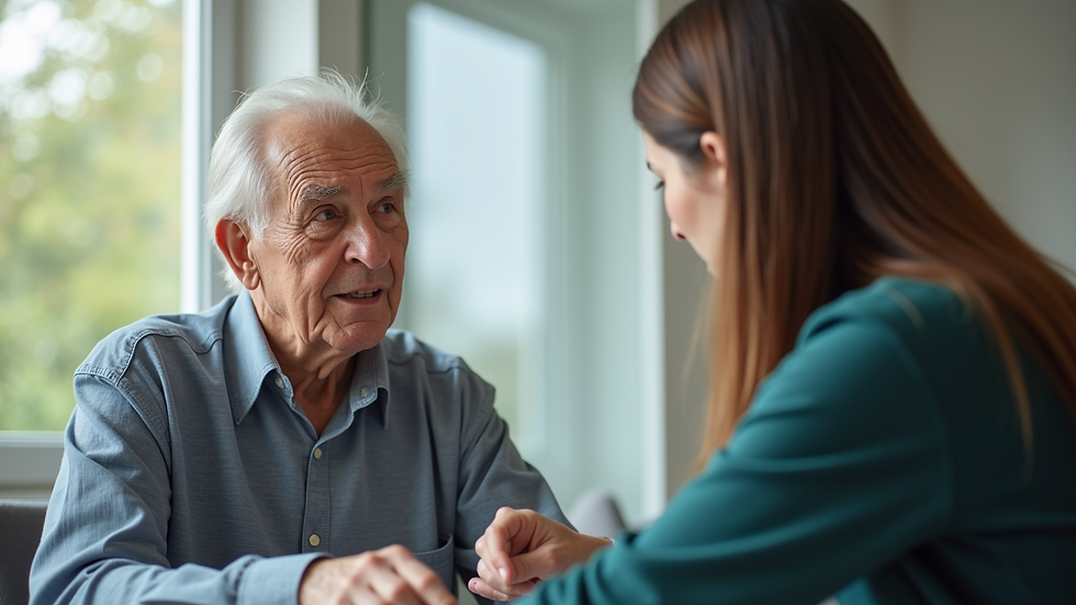 Close-up view of a therapist guiding an elderly man through cognitive exercises