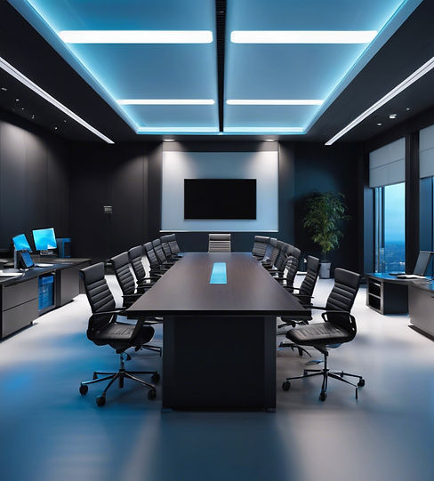 a dark corporate board room with low lights, many computers, no people. with black and whi