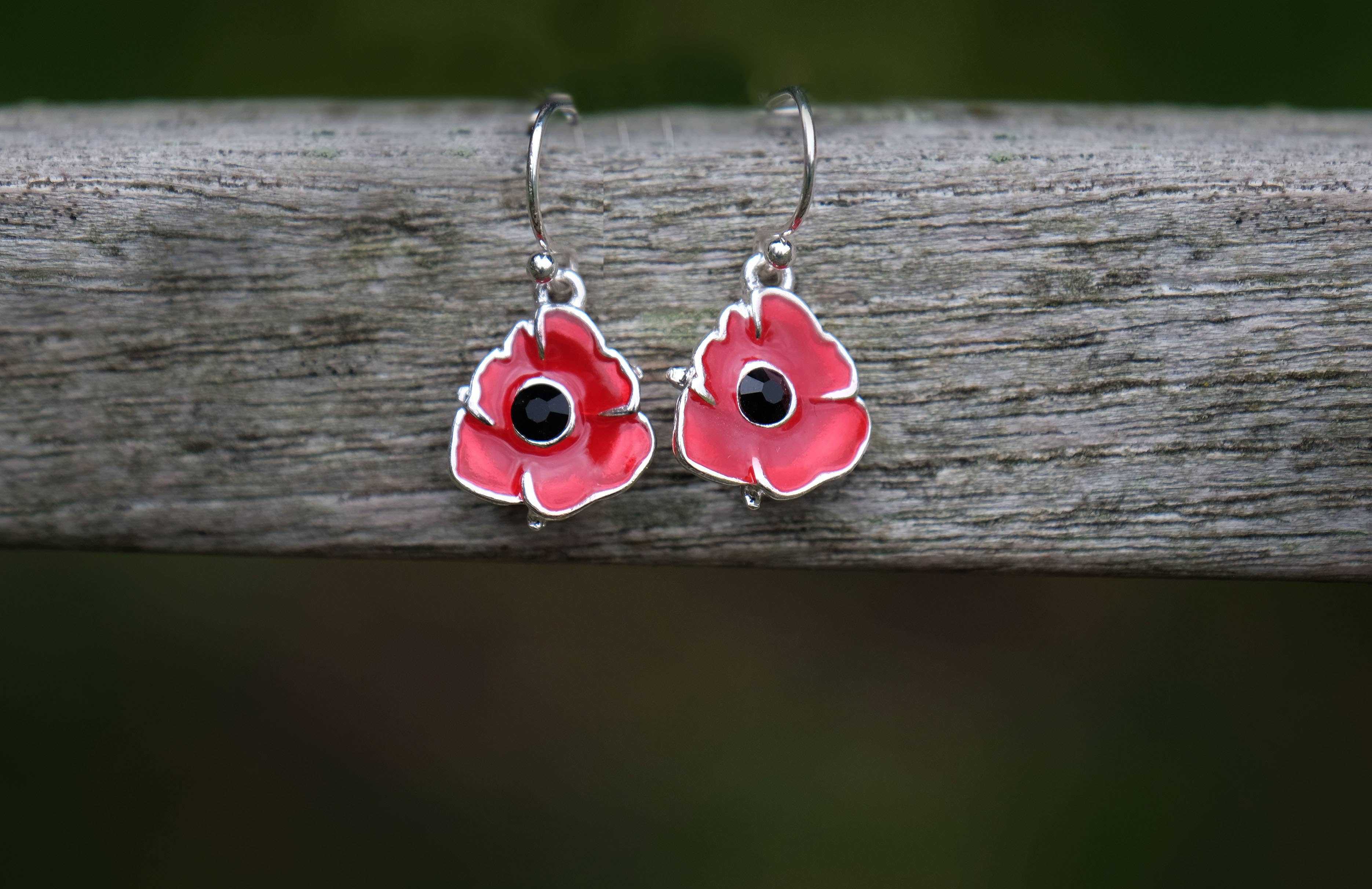 Silver-plated red poppy flower drop earrings