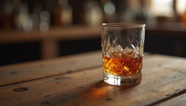 Close-up view of a whisky glass with amber Scotch and a wooden table background
