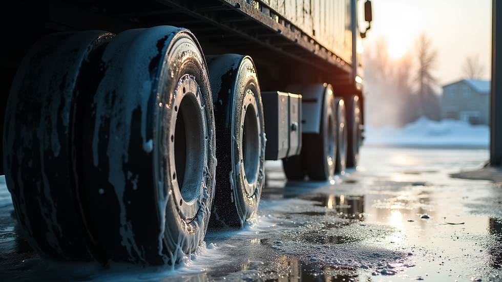 Close-up view of truck wheels being cleaned at a truck wash