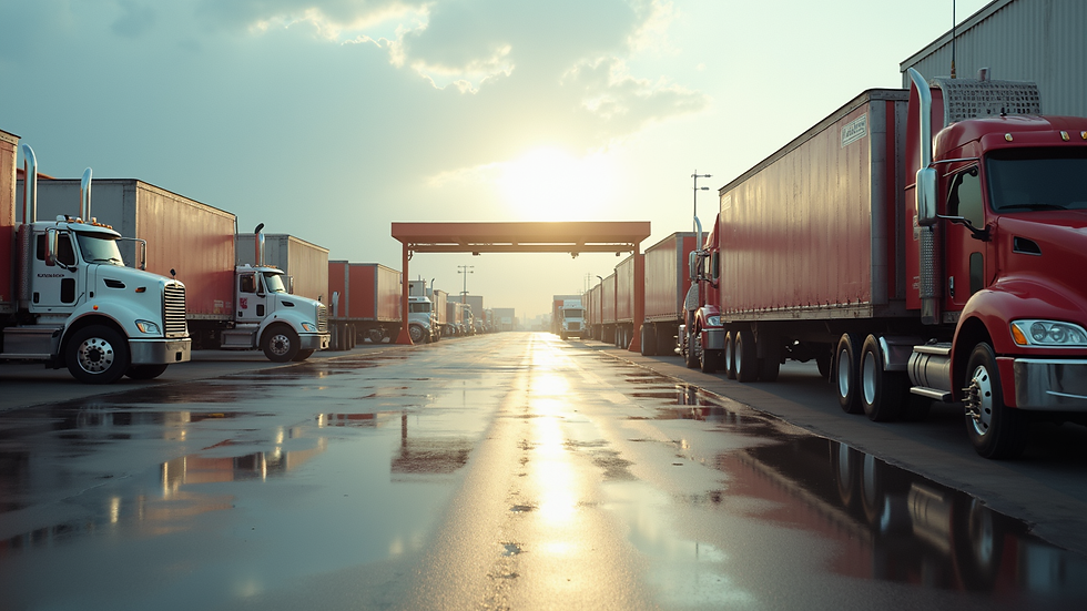 Wide angle view of Exit 84 Truck Wash facility with trucks lined up for washing