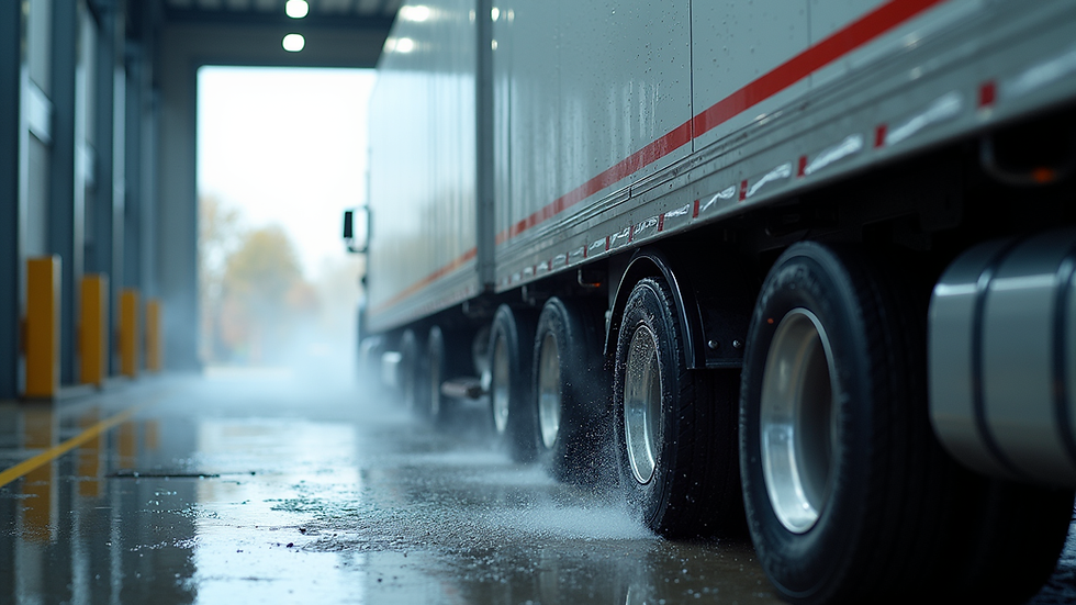 Eye-level view of a food-grade truck wash bay with a semi-truck being cleaned