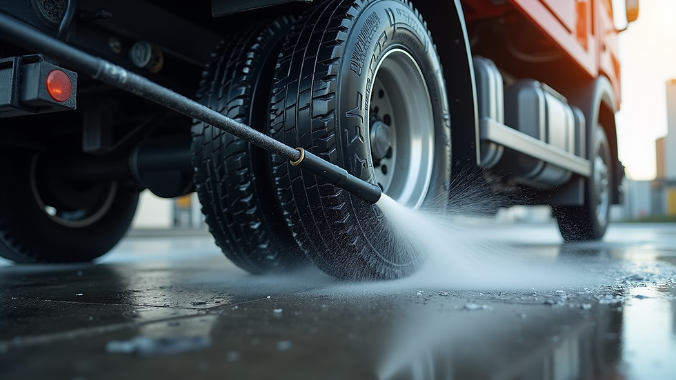 Close-up view of a truck wheel and undercarriage being cleaned with a high-pressure hose
