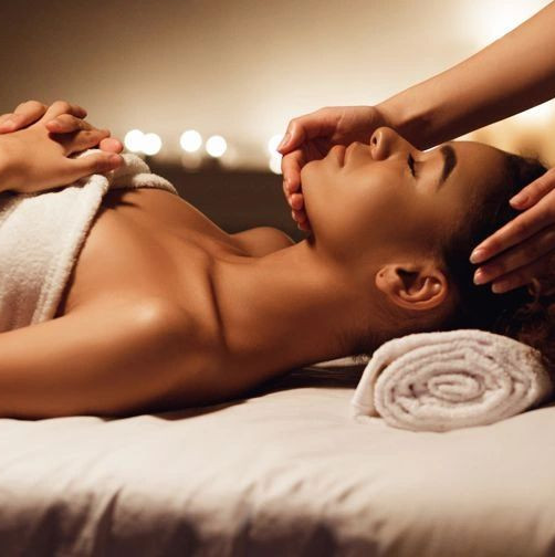 Femme apaisée par le massage Infini, la praticenne réalise des gestes en forme de lemniscate.