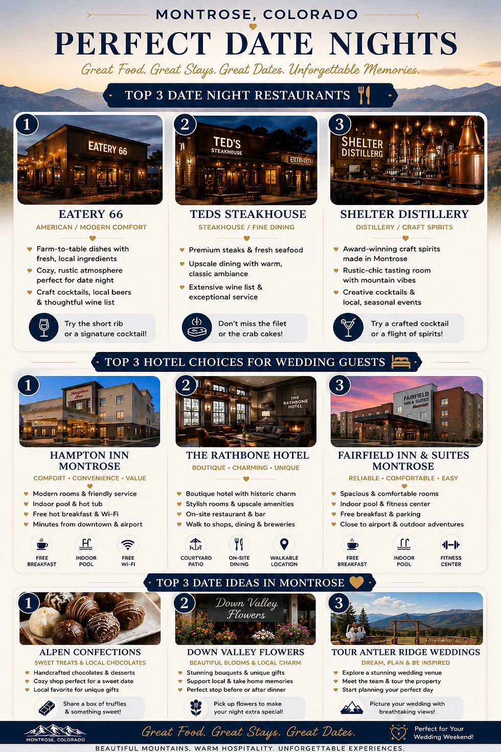 Perfect Date Night| Montrose Colorado .  Chart listing restaurants, hotels and 3 date ideas to do in Montrose