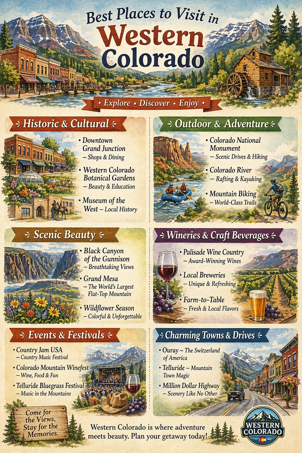 A Chart showing Places to visit if you are traveling to Western Colorado that include historic places, outdoor adventures, scenic areas and wineries.