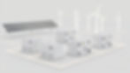 Clean, minimal 3D render of grid-scale battery storage units connected to solar and wind f