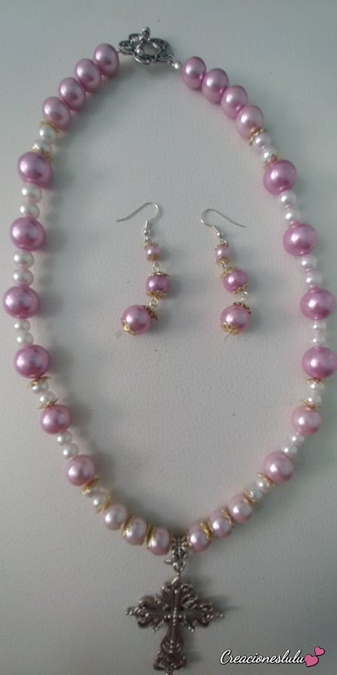 Miniatura: Collar rosa y dorado dije cruz