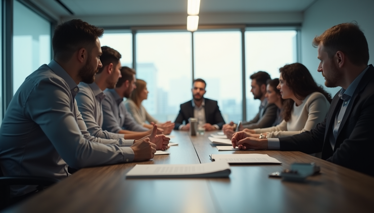 Vista a nivel de ojo de una sala de reuniones con empleados discutiendo prioridades urgentes