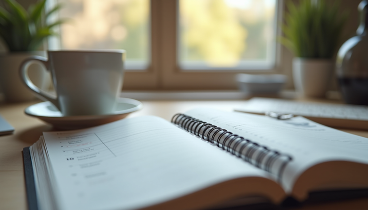 Vista a nivel de ojo de un escritorio con una taza de café y una agenda abierta en lunes por la mañana