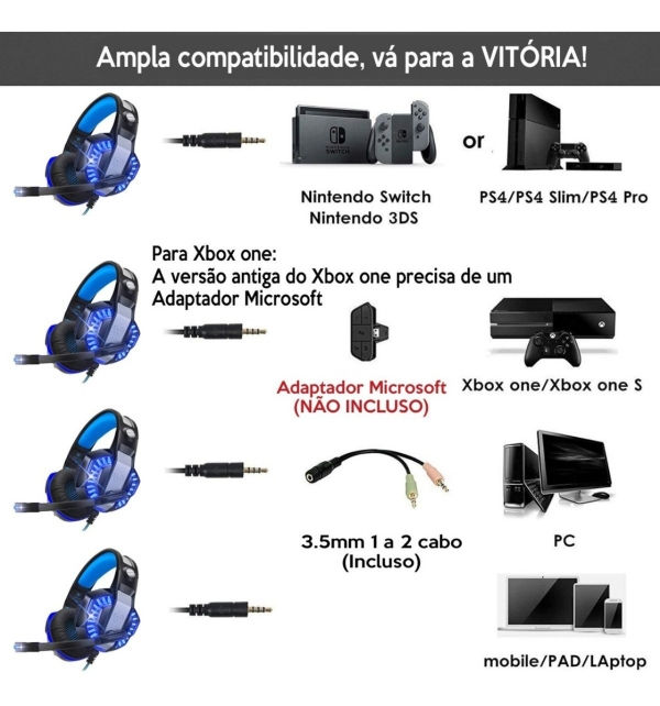 Fone De Ouvido Gamer Headset Knup Kp-491 Com Led Microfone