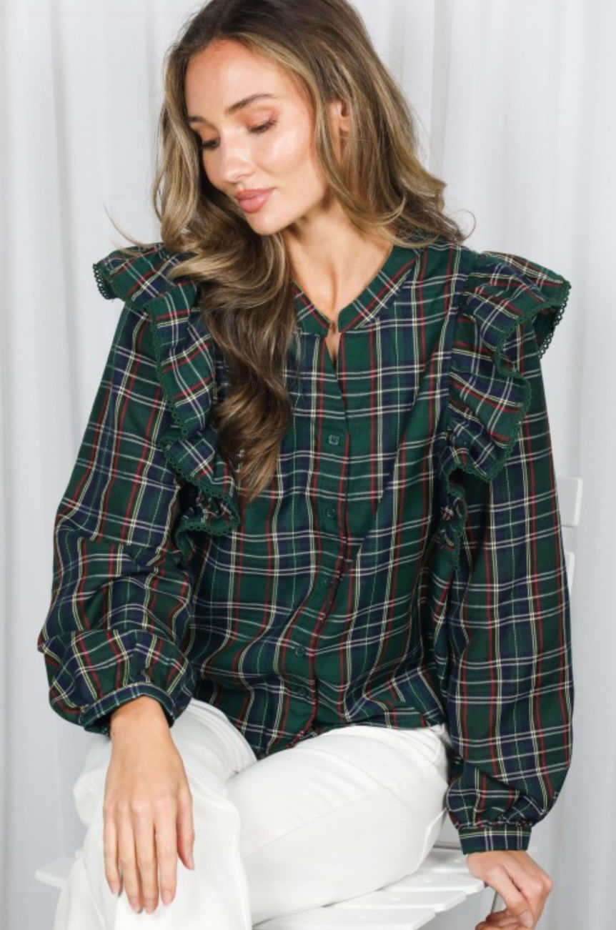 Thumbnail: Rebecca Ruffle Green Plaid Blouse 