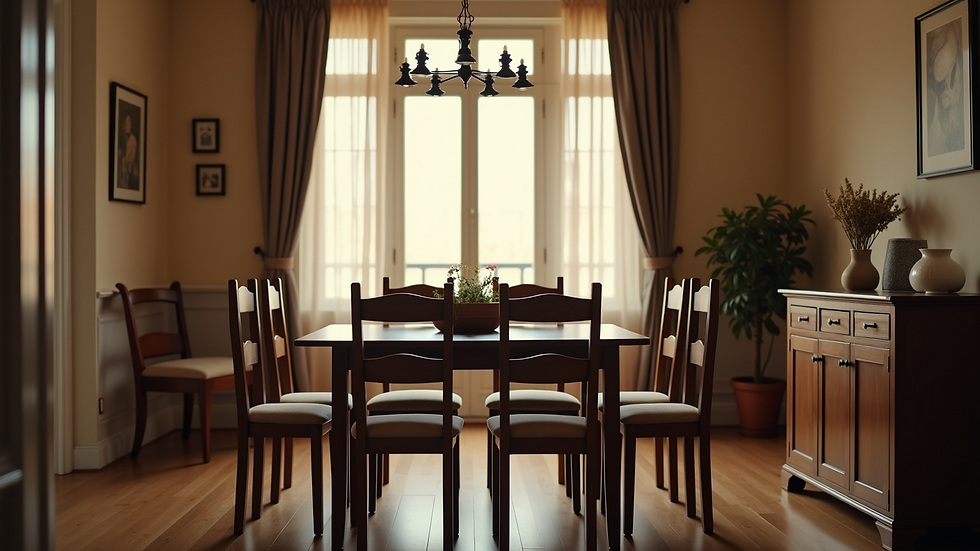Eye-level view of a family dining table with empty chairs symbolising absence