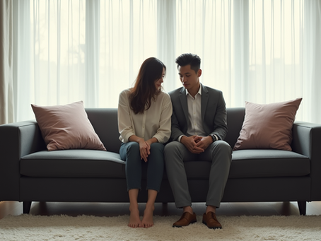 A man and woman sit quietly on a couch, facing forward in calm reflection—capturing the emotional pause often present after separation or conflict.