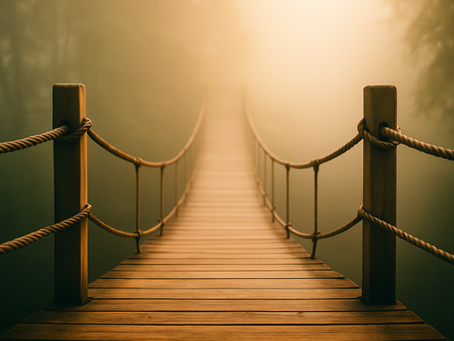 Wooden bridge disappearing into fog and light, symbolising the emotional path forward after collapse