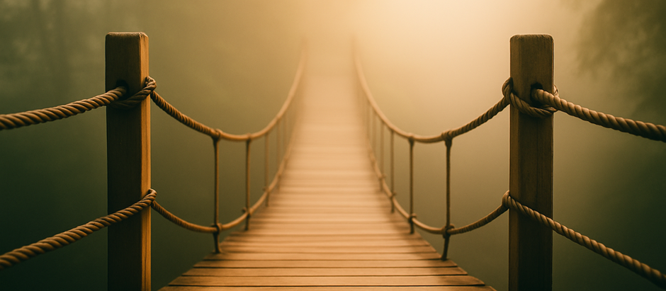 Wooden bridge disappearing into fog and light, symbolising the emotional path forward after collapse