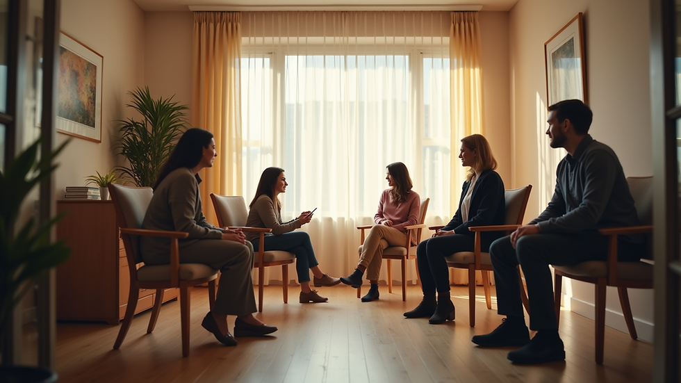 Eye-level view of a calm therapy room with chairs arranged for conversation