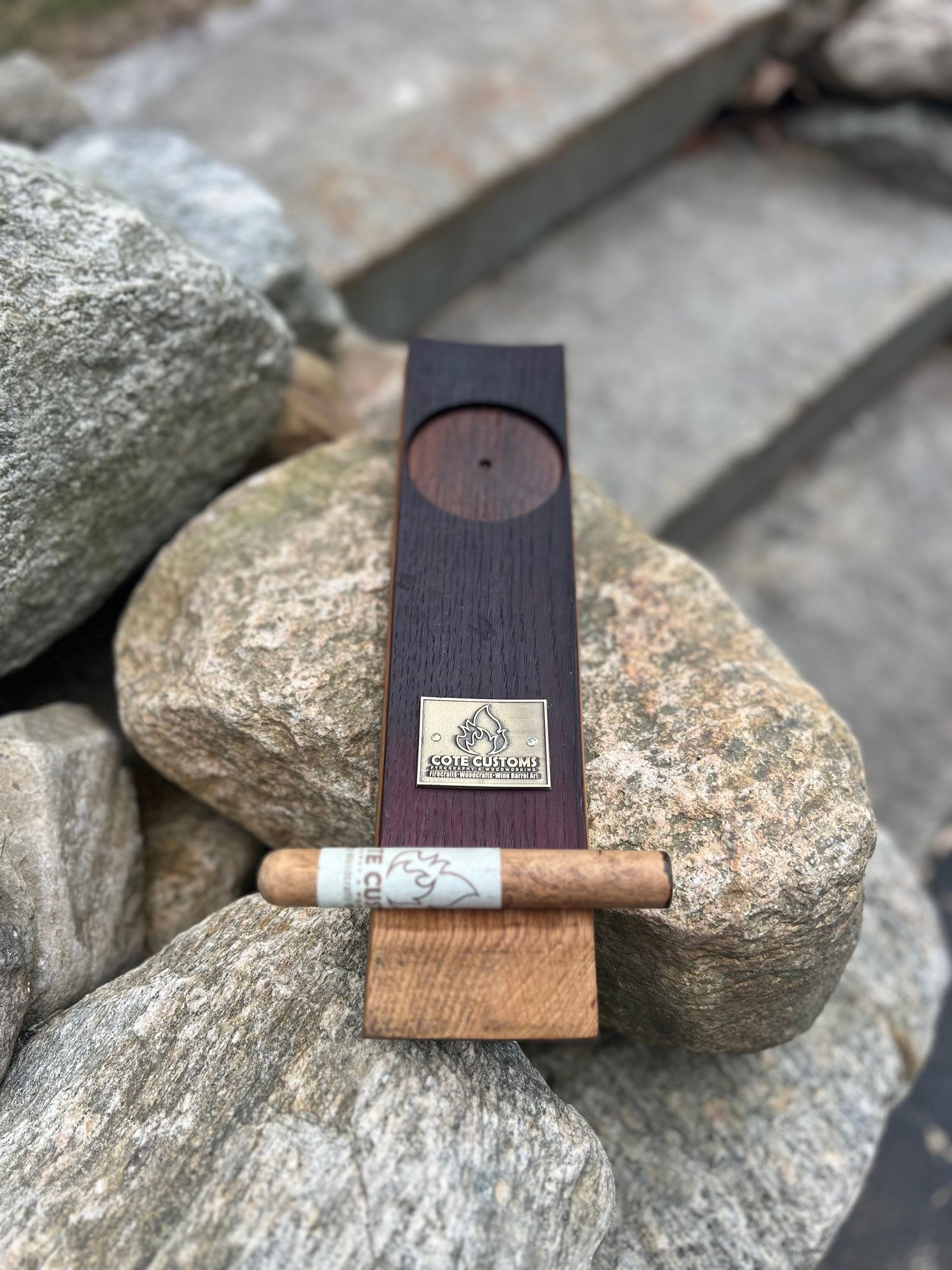 Wine barrel stave cigar rest/drink holder