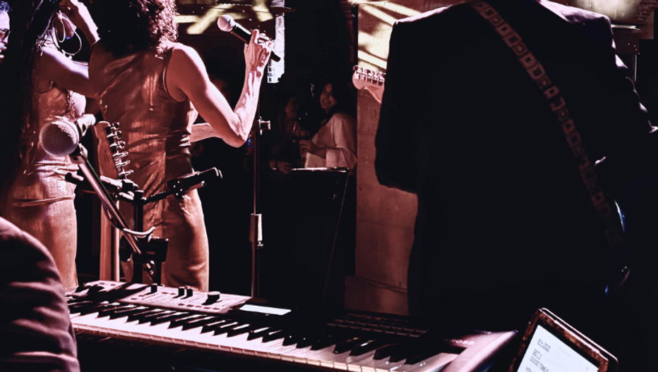 Live band soundcheck with musicians and keyboard in London