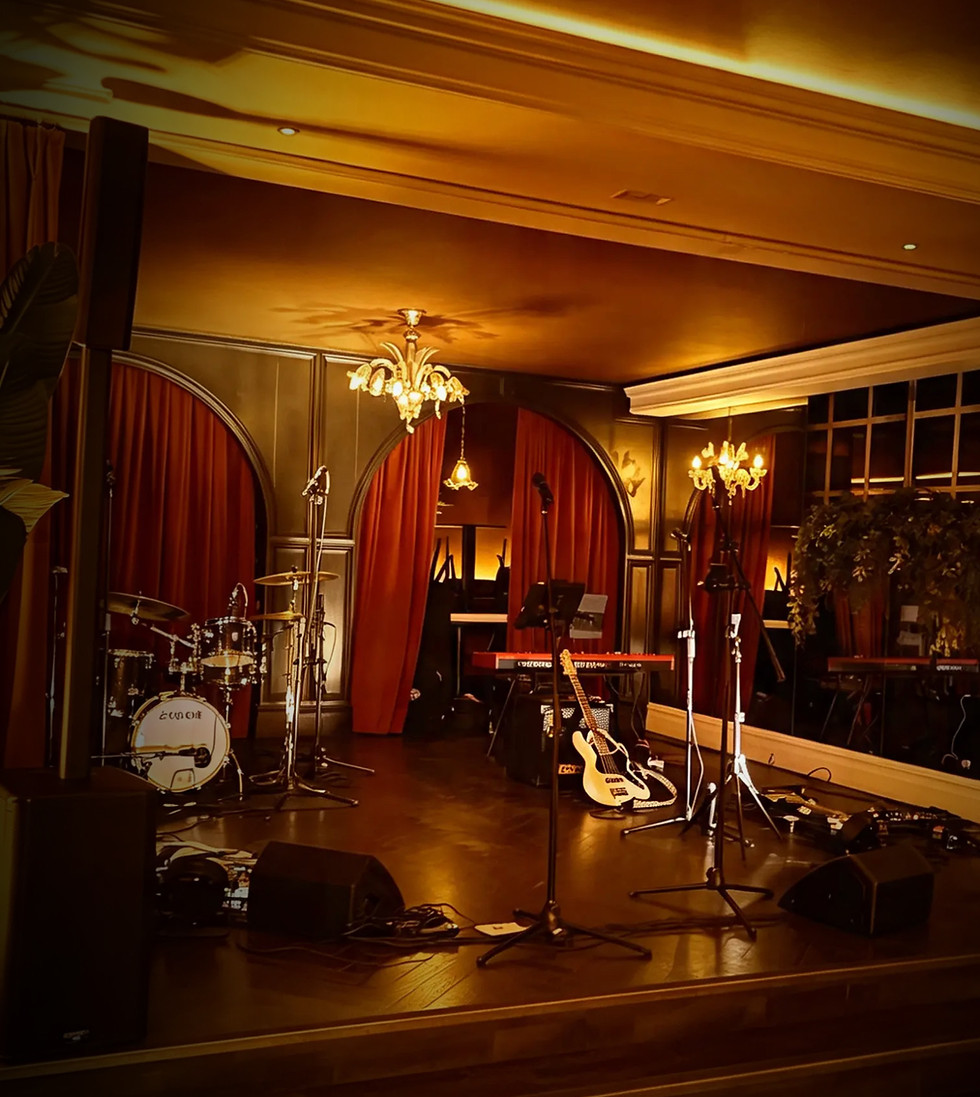 Live band sound system and stage setup at a London venue