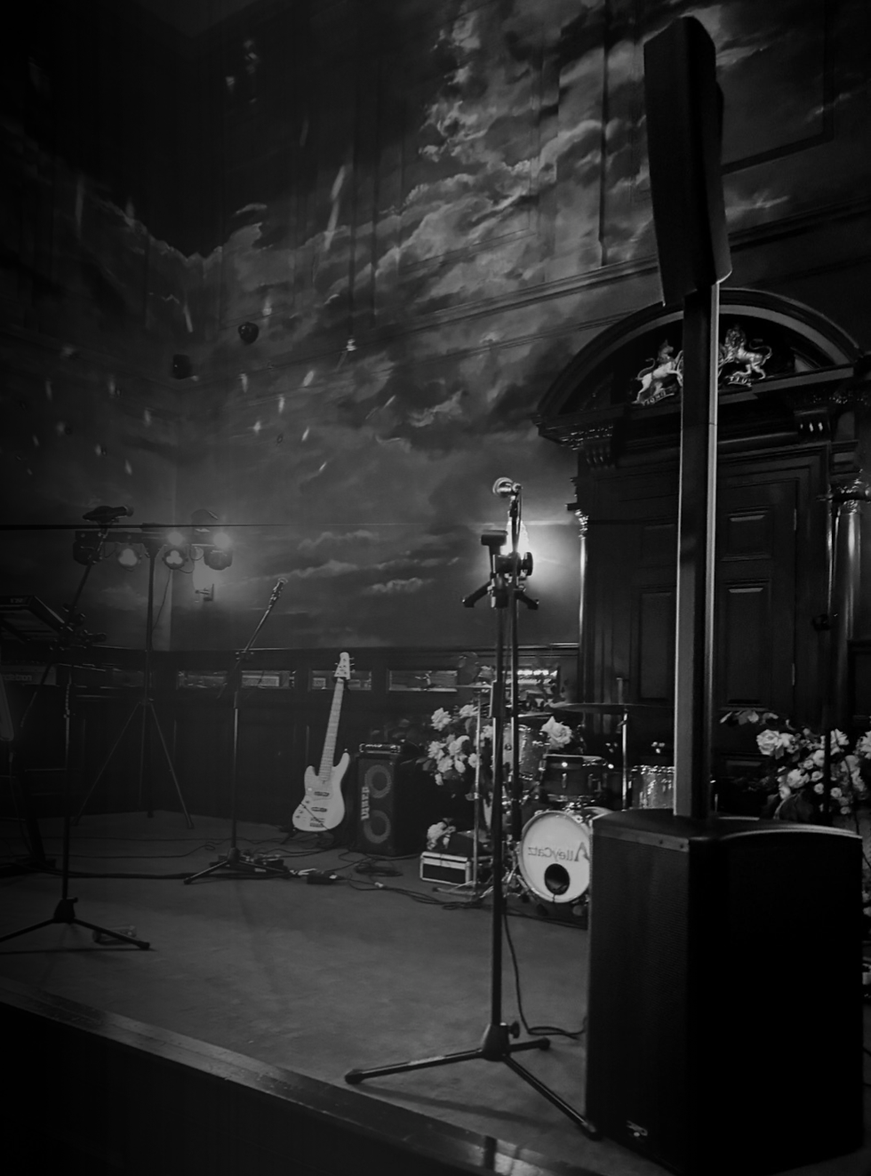 Live band sound system and stage setup at a London venue