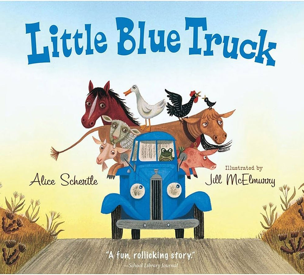 "Little Blue Truck" book featuring a blue truck carrying farm animals in the back