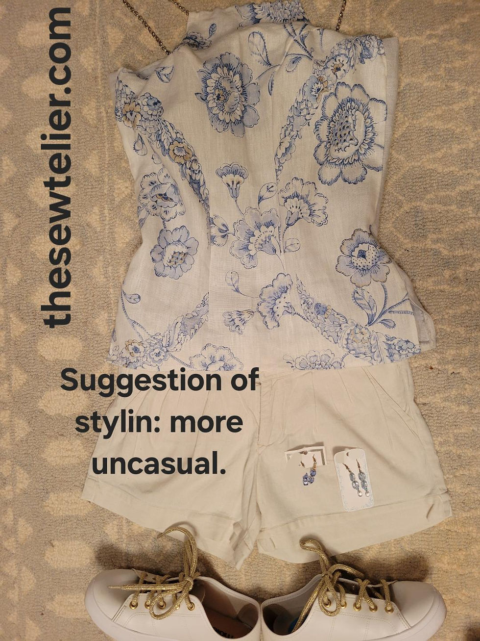 Thumbnail: White and Light Blue Flowers Linen Top - Size Small