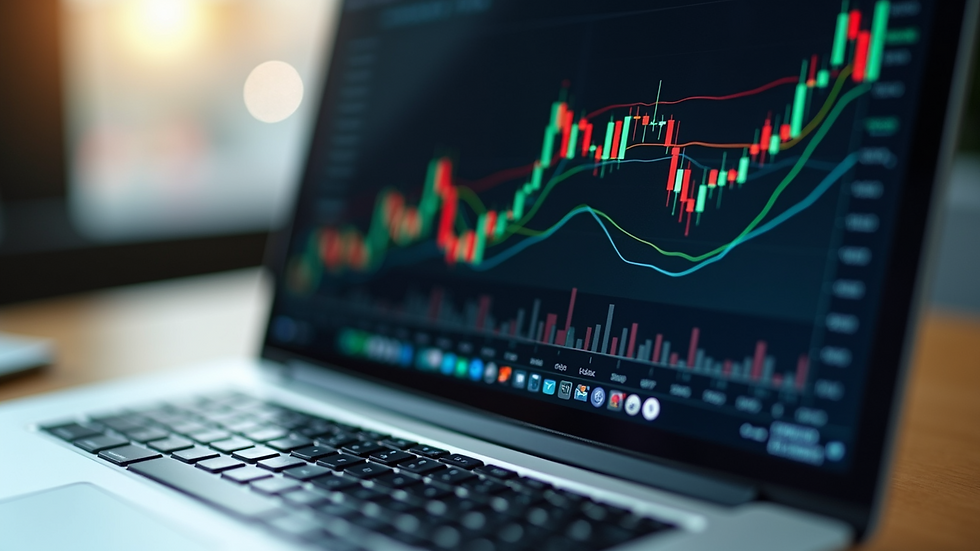 Close-up view of a laptop screen showing financial charts and data