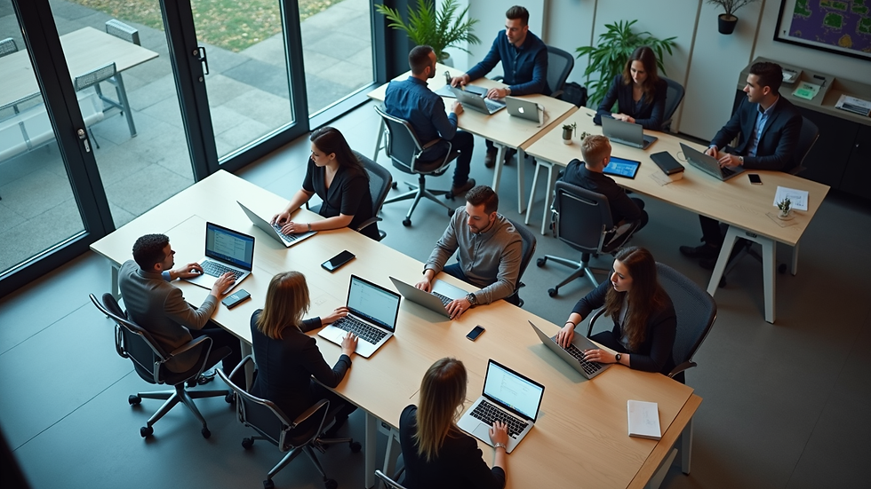 High angle view of a modern office with employees using laptops for training