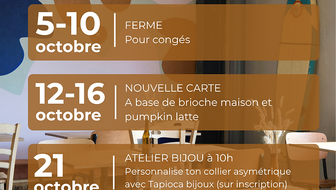 Voici ce que l'on te réserve pour le mois d'octobre 🎃🍂
● une nouvelle carte d'automne, encore 100% maison et délicieuse 🥪🌰
● un atelier bijou avec @tapioca_bijoux, tu peux déjà anticipé les cadeaux de Noël personnalisés ou simplement te faire plaisir 🐚
● un atelier poterie avec @paulineceramstudio autour du thème de l'automne 🍁
Inscription au ateliers en mp, attention les places sont limitées.
A très vite au moussu ☕️