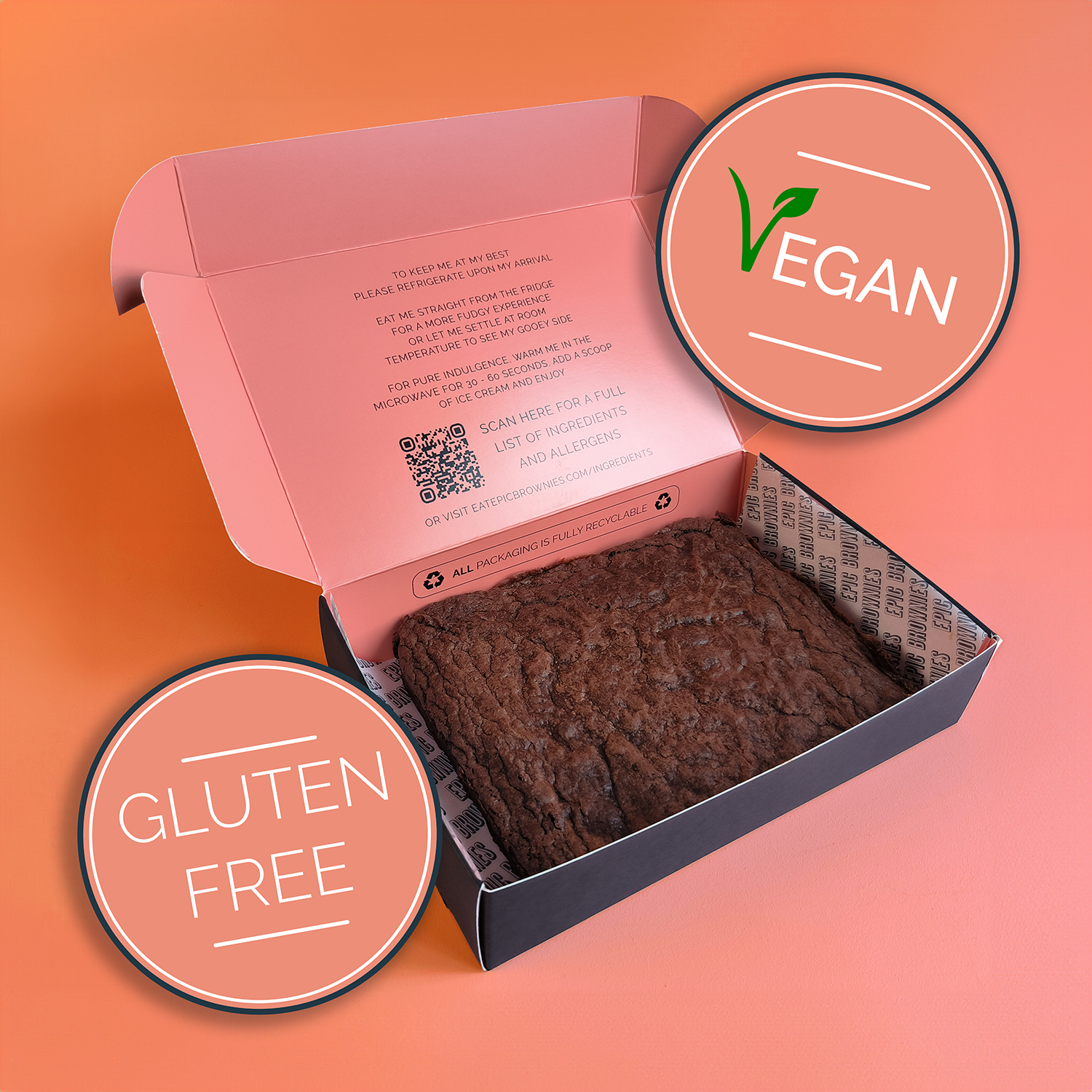 Image of vegan original brownie slab in box